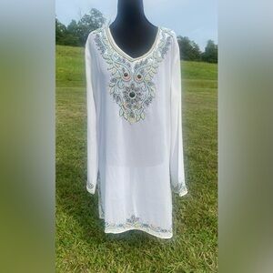 Nouveau Beach Sheer Embellished Beaded Cover Up Top L
